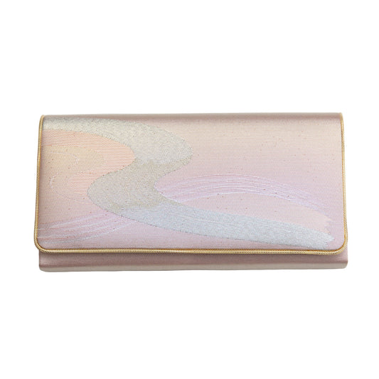 Clutch bag with gradient iridescent river design and metallic gold trim on a white background
