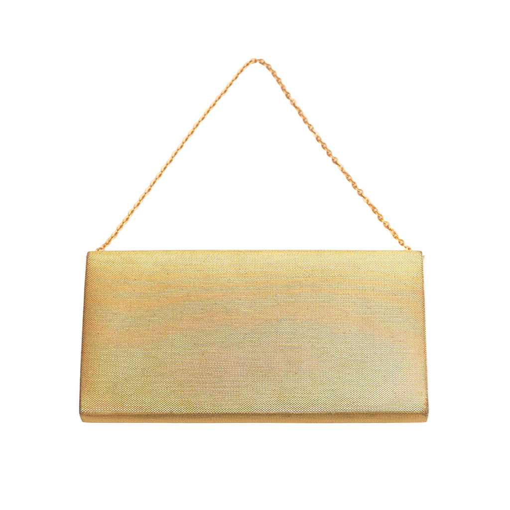 Close-up of metallic gold foldover detailing and vibrant floral pattern on the vintage kimono clutch purse at an overhead