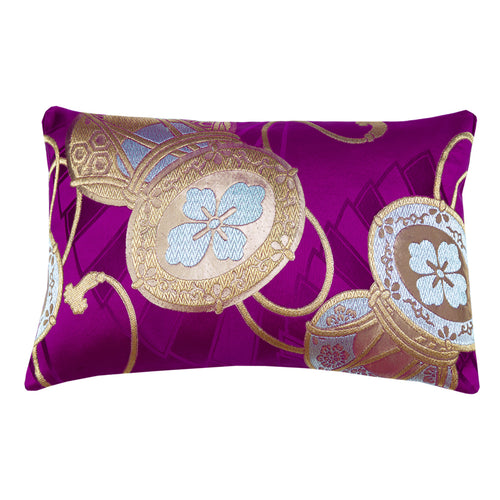 Obi Cushion in vintage purple silk featuring gold drum embroidery, rectangular shape, handcrafted by Hunted and Stuffed