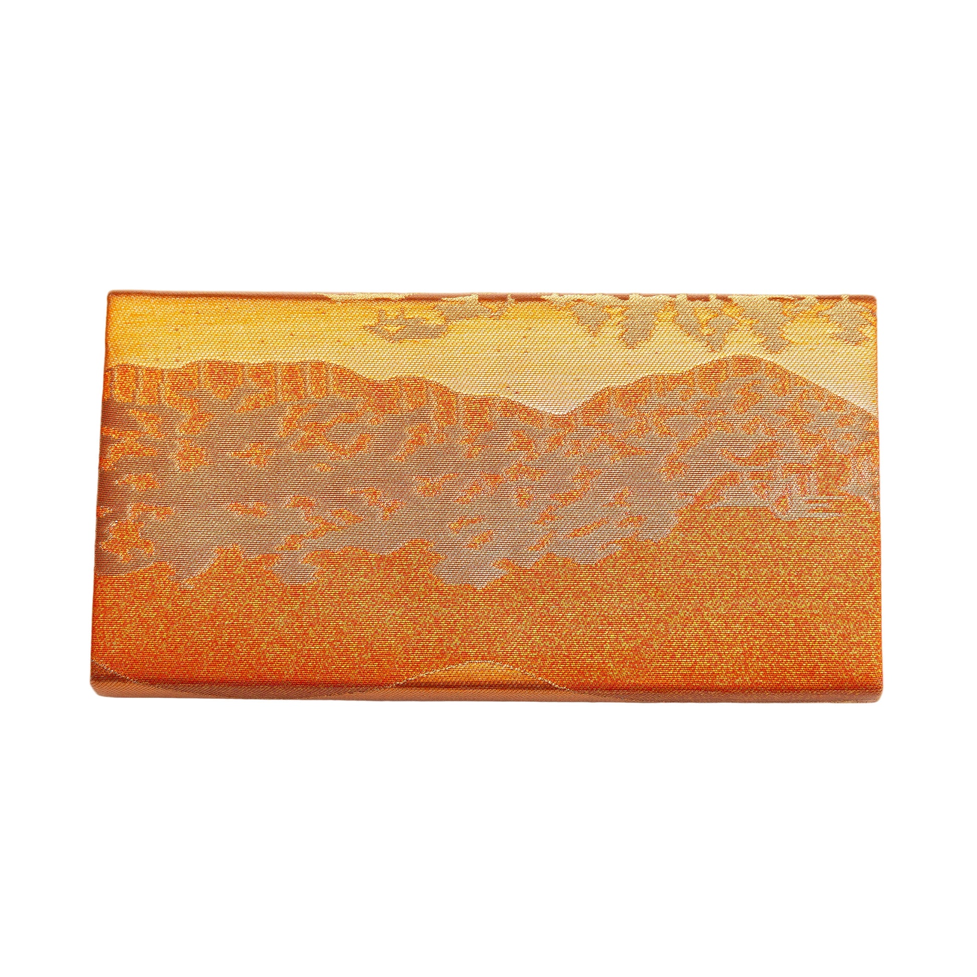 Orange and gold metallic clutch bag, vintage Japanese kimono silk purse on white background.