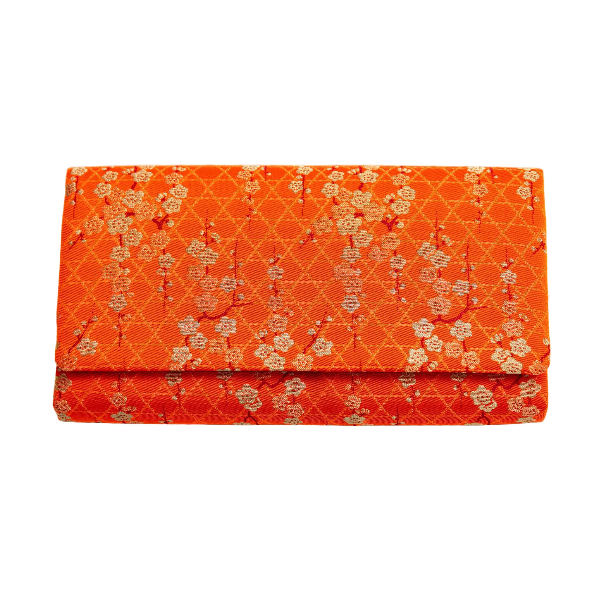 Vintage Japanese silk envelope clutch in orange with golden blossom design, handcrafted by Hunted and Stuffed, compact size