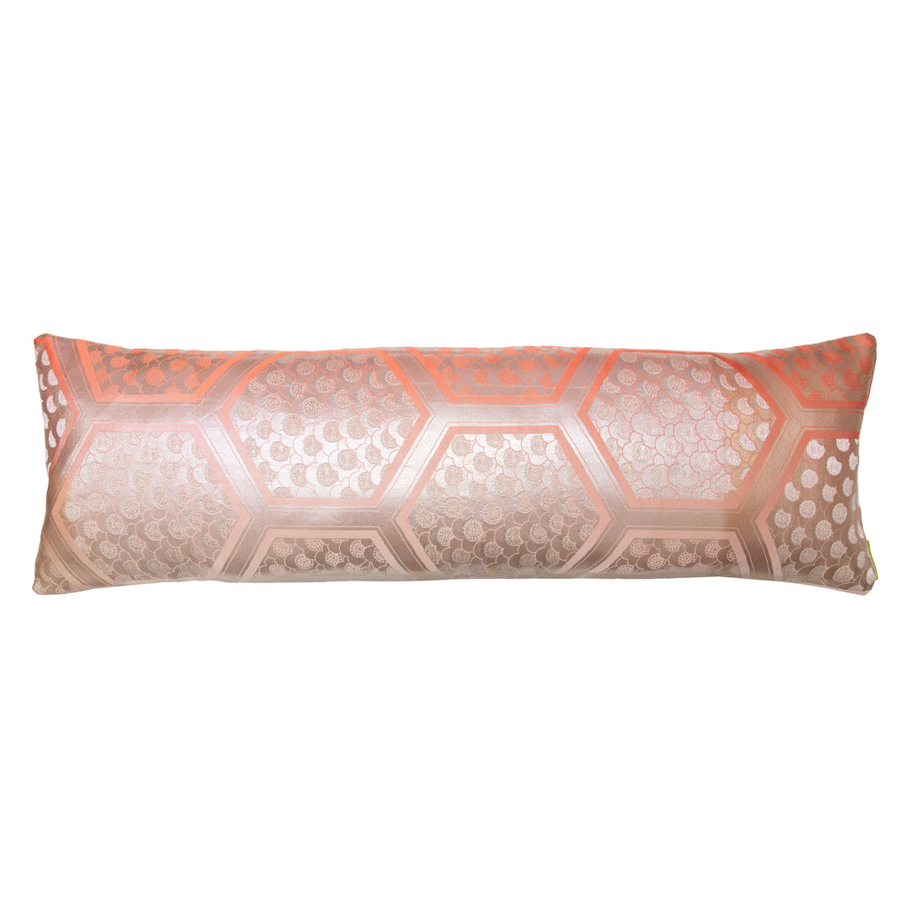 Peach cream Uchikake bolster pillow with oyster back, soft textured bolster cushion by Hunted and Stuffed, enhances skin