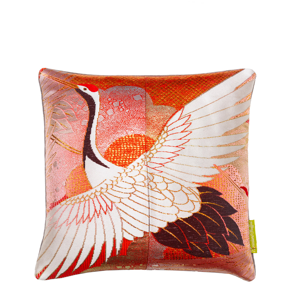 Rising Crane Pillow Peachy Red Silk with Taupe Velvet 12-inch square Obi cushion by Hunted and Stuffed