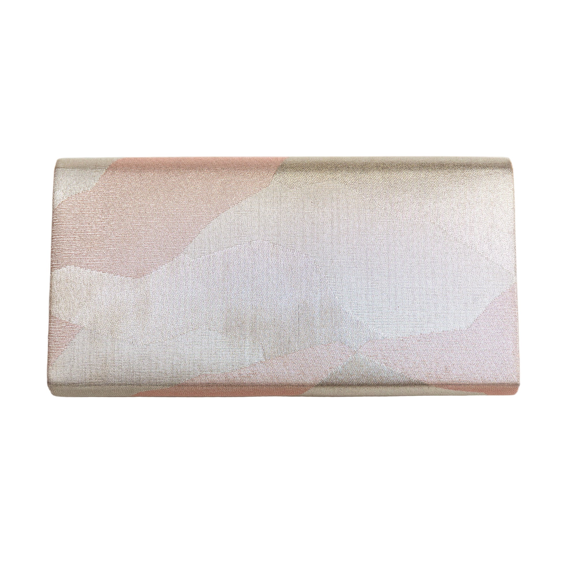 Rectangular clutch with a pink and white geometric pattern on a white background