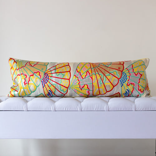 Silver and yellow silk kimono bolster cushion with traditional fan motif opening to the right, crafted from vintage Japanese silk