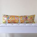 Silver and yellow silk kimono bolster cushion featuring traditional fan motif sweeping left in vintage Japanese silk