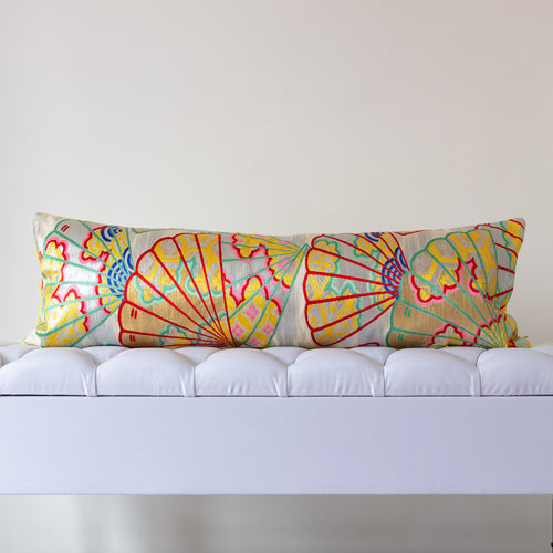 Silver and yellow silk kimono bolster cushion featuring traditional fan motif sweeping left in vintage Japanese silk