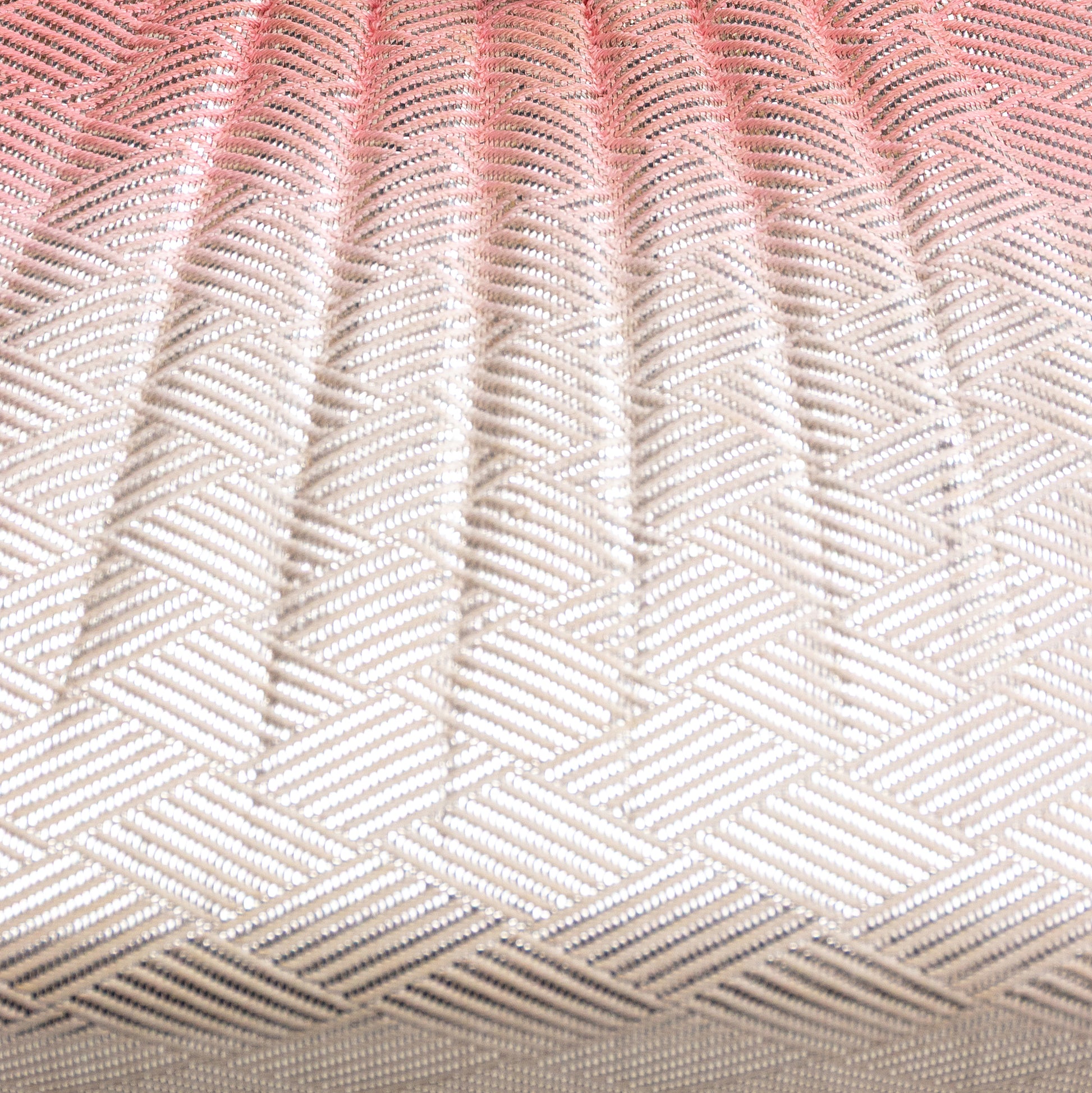 Close-up of a vintage Japanese kimono silk clutch bag in pink and white ombre, metallic silver basket weave pattern.