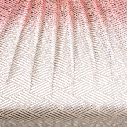 Close-up of a vintage Japanese kimono silk clutch bag in pink and white ombre, metallic silver basket weave pattern.