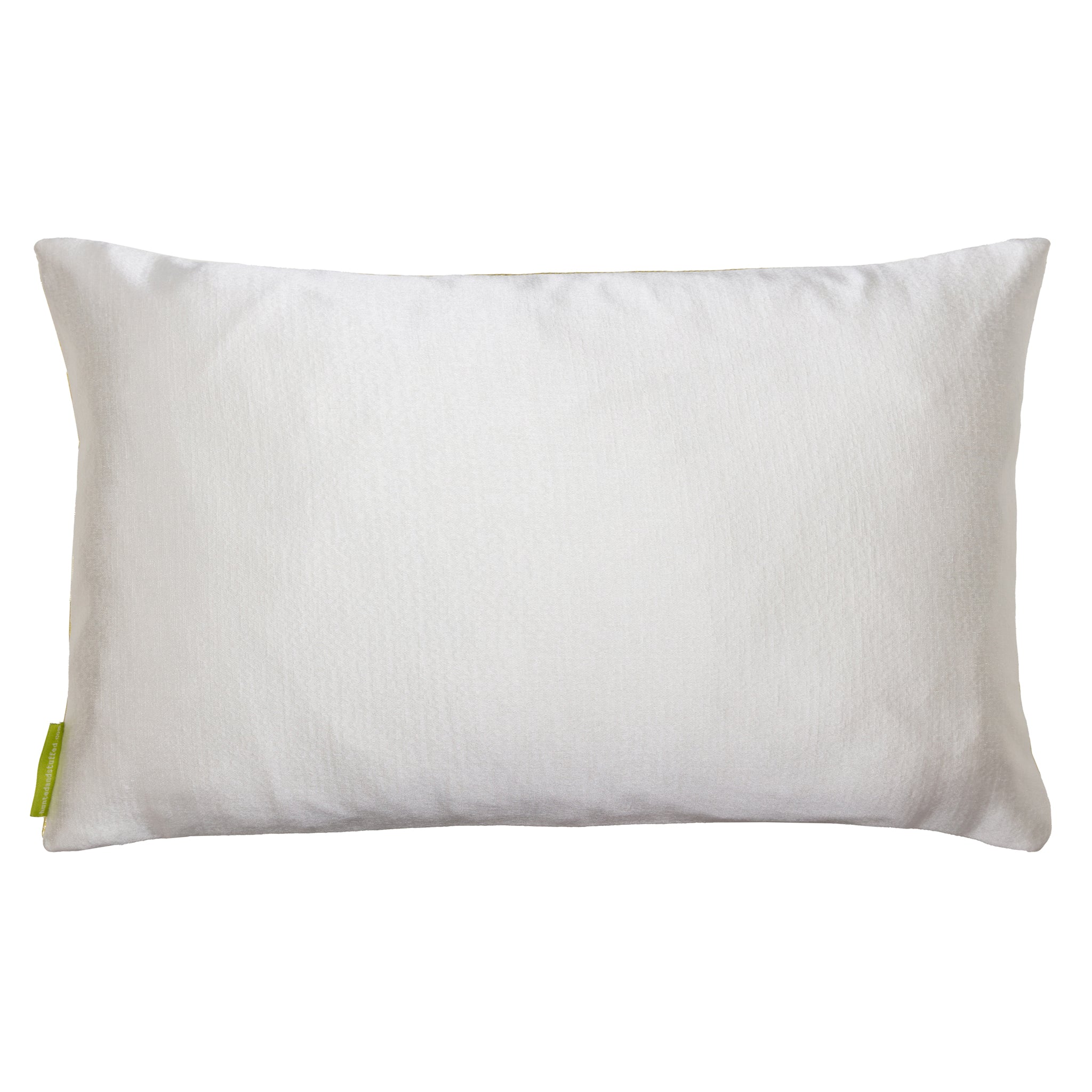 Close-up of the gold embroidery detailing on the Kimono Pillow’s vintage Obi Chartreuse silk fabric edge