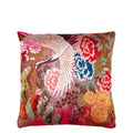Front of a Crane (Tsuru) vintage Japanese uchikake silk cushion cover, 12 inch square.