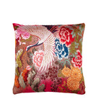 Front of a Crane (Tsuru) vintage Japanese uchikake silk cushion cover, 12 inch square.