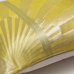 Close-up of textured silk fabric showcasing intricate gold fan embroidery on the vintage Obi chartreuse pillow pair.