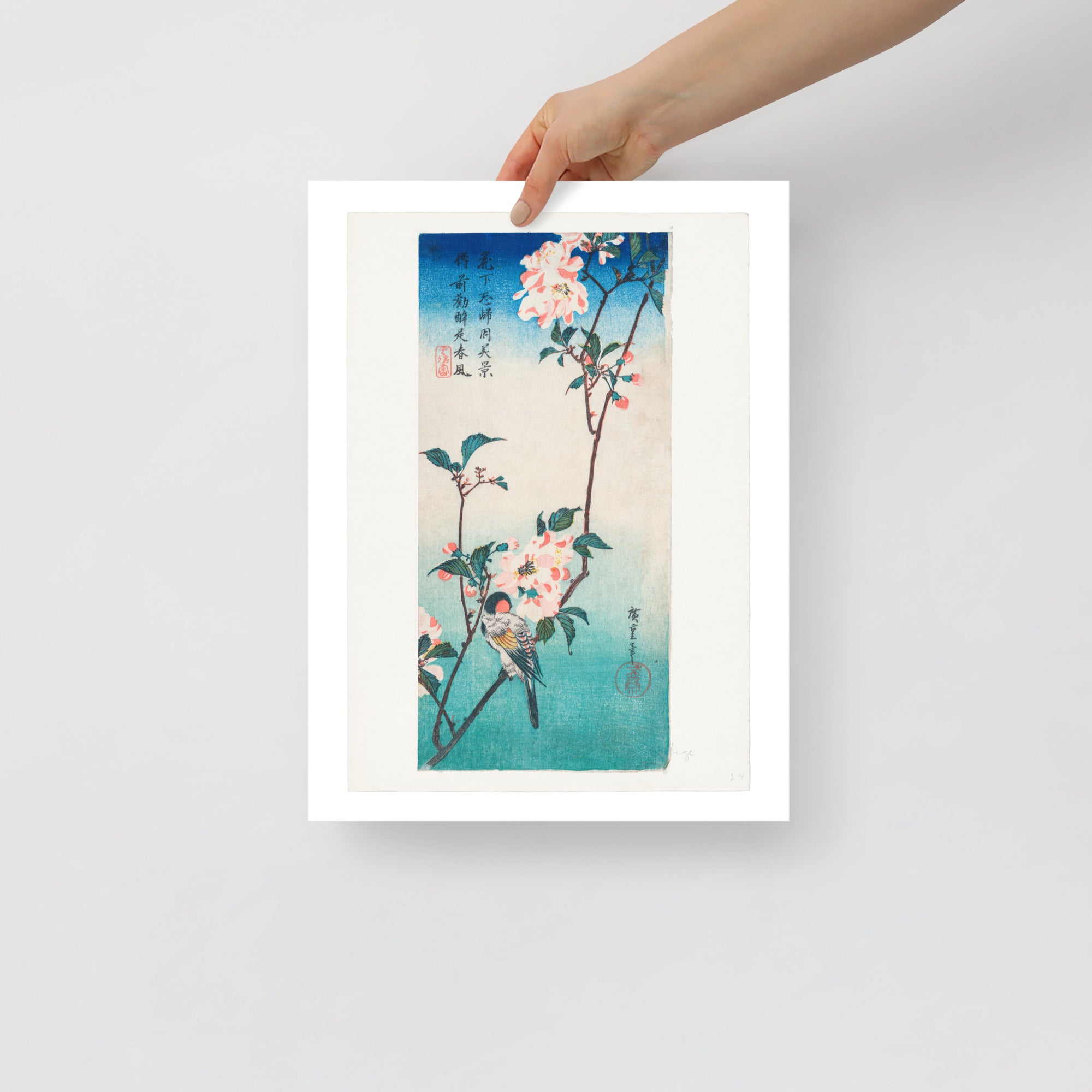 Close-up of vibrant floral details and delicate brushwork highlighting the intricate textures of Hiroshige's 1830s Japanese