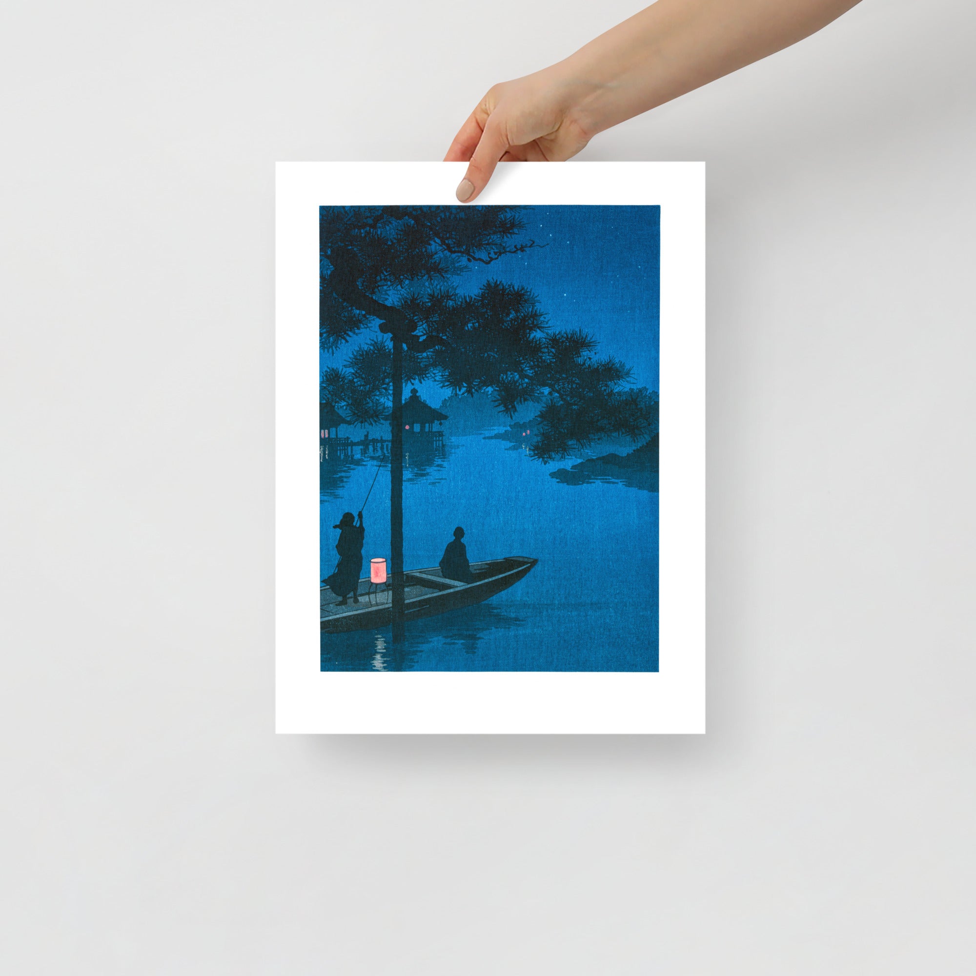 Detail of moonlit pine needles and textured woodgrain in Shubi Pines at Night Japanese woodblock print, framed with subtle