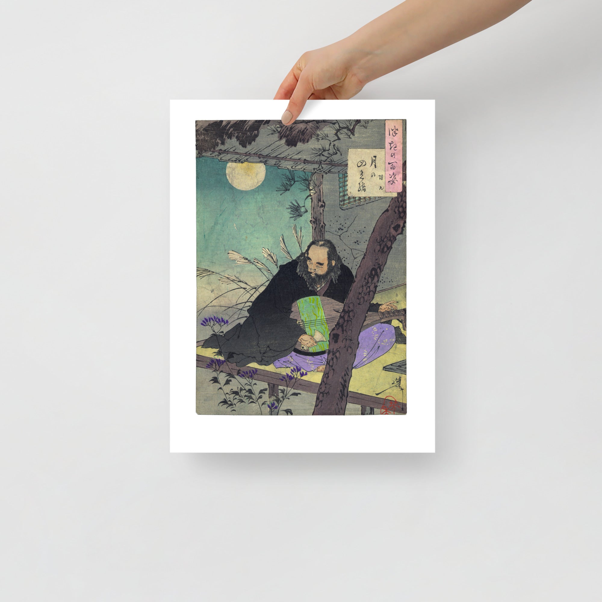 Close-up of the ukiyo-e print’s textured paper and vivid ink details highlighting Prince Semimaru’s intricate kimono pattern