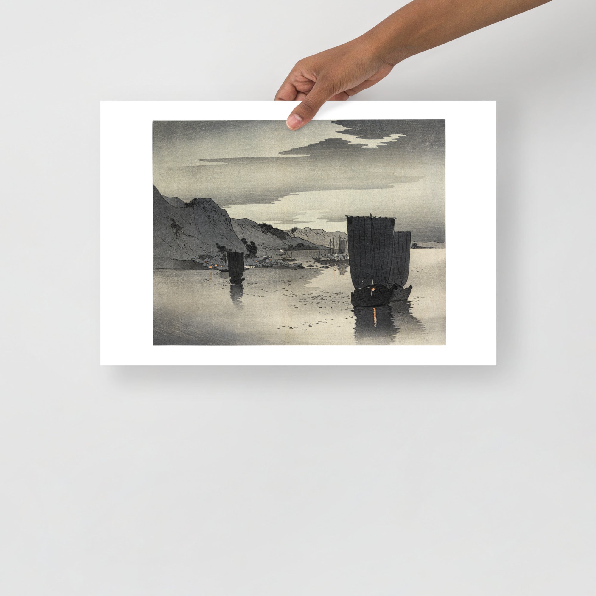 Close-up of the intricate brushwork highlighting ships’ detailed rigging and waves at the foreground in Ohara Koson’s