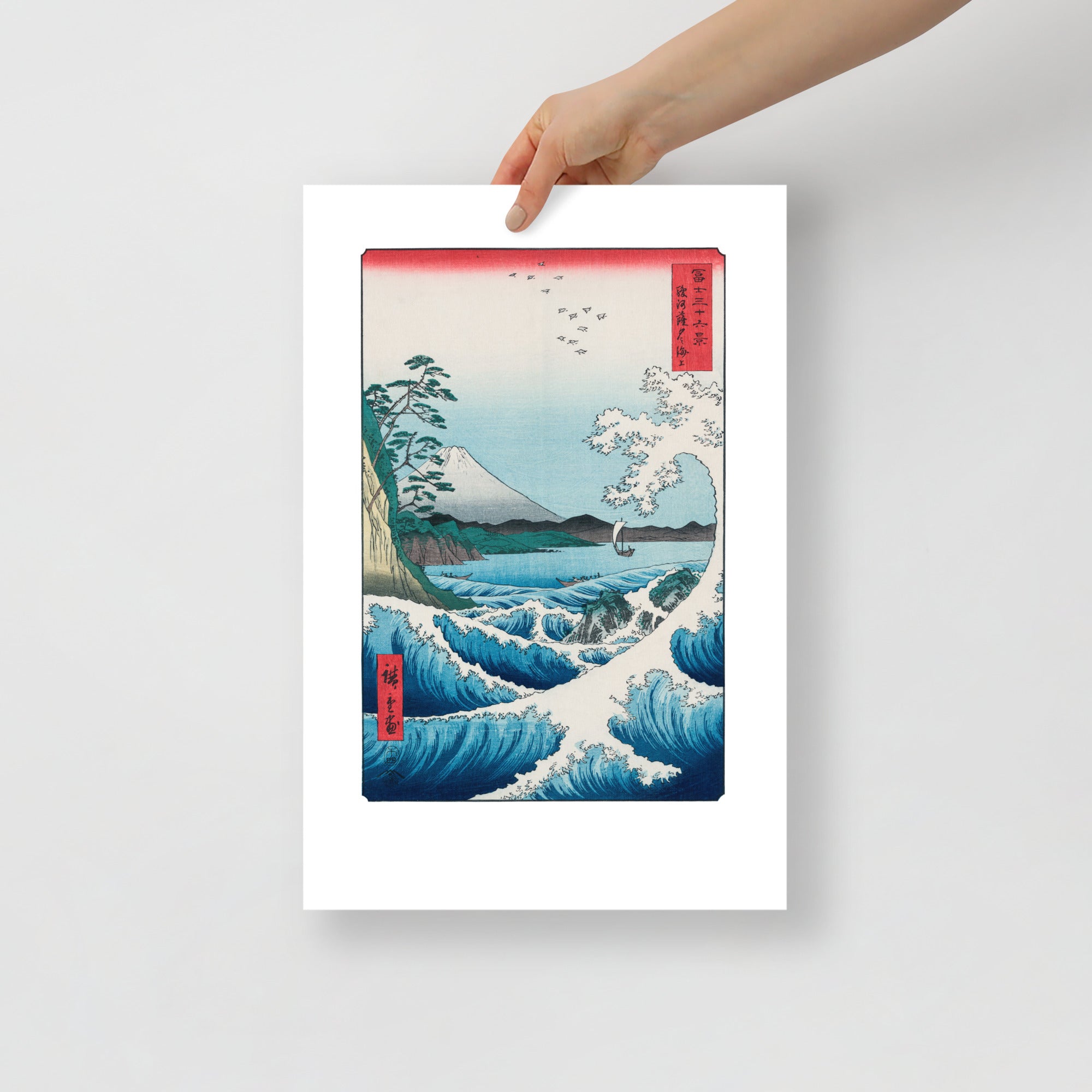 Close-up of textured woodgrain and subtle ink gradation highlighting Hiroshige’s signature brushwork on the Sea at Satta