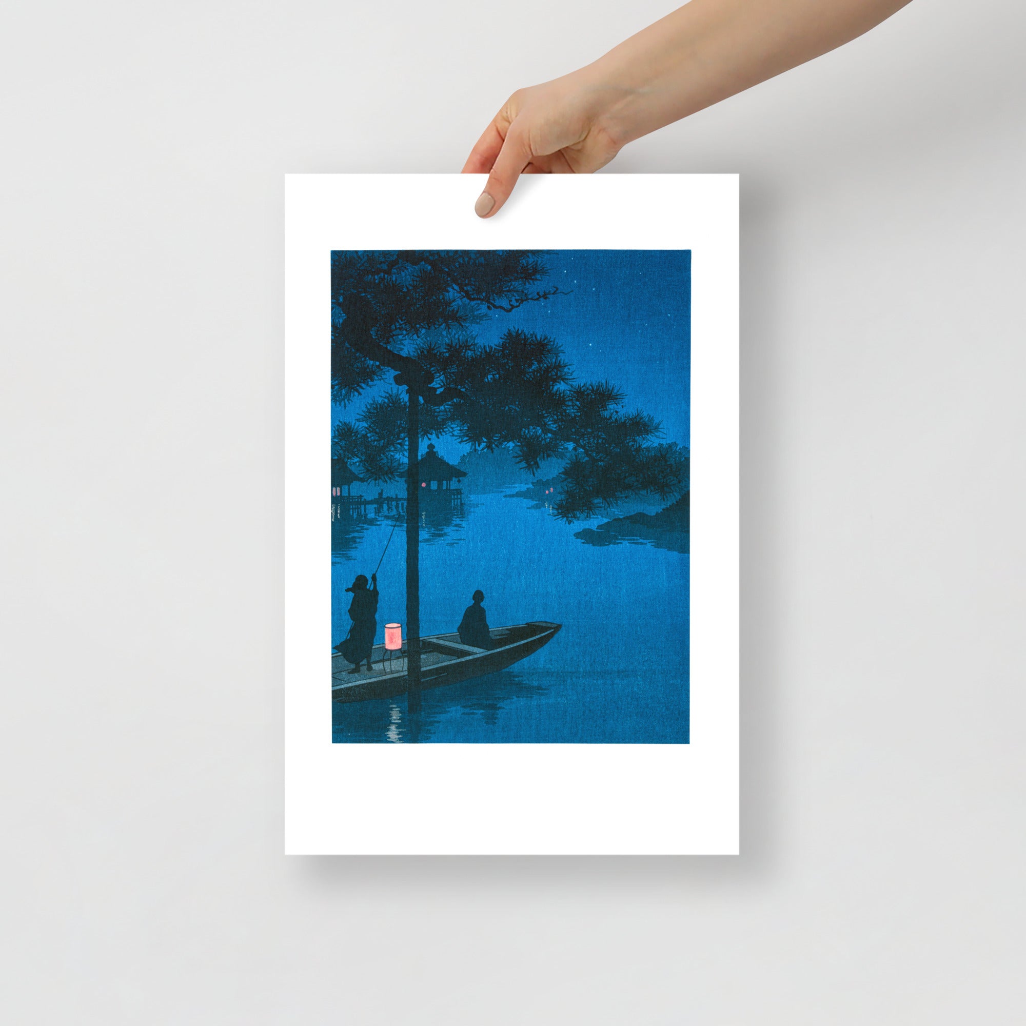 Close-up of the intricate woodgrain texture and vibrant ink layering on the night scene of Shubi Pines print, showcasing