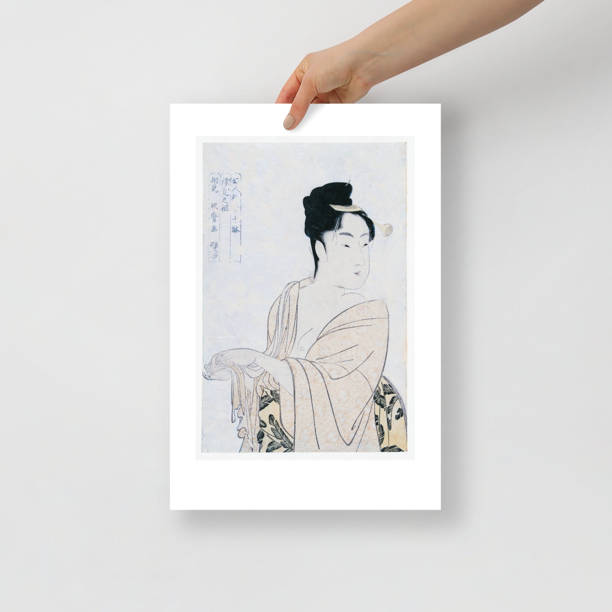 Detail of Utamaro’s delicate brushwork on flirtatious lover’s flowing kimono sleeve in print #5 of 7, showcasing fine line