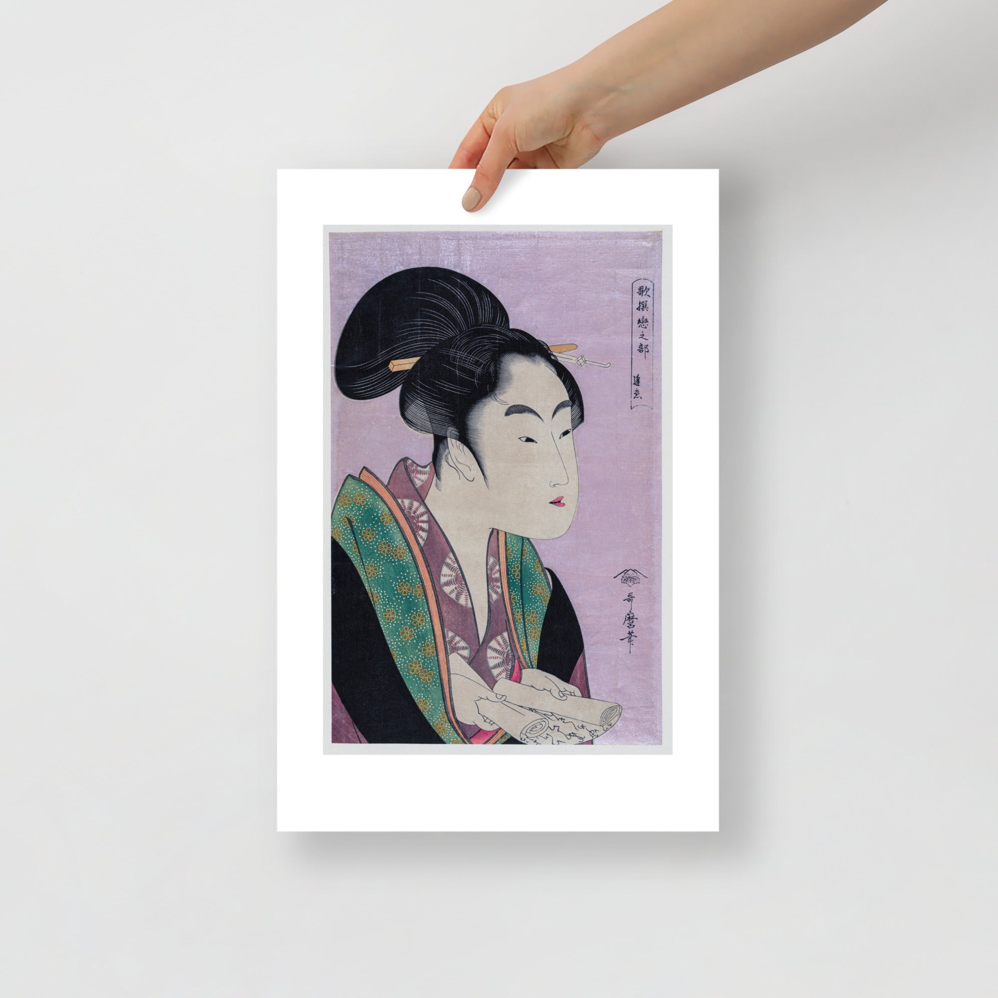 Detail of Kitagawa Utamaro's Nightly Love woodblock showing intricate grain texture and subtle color gradation from a