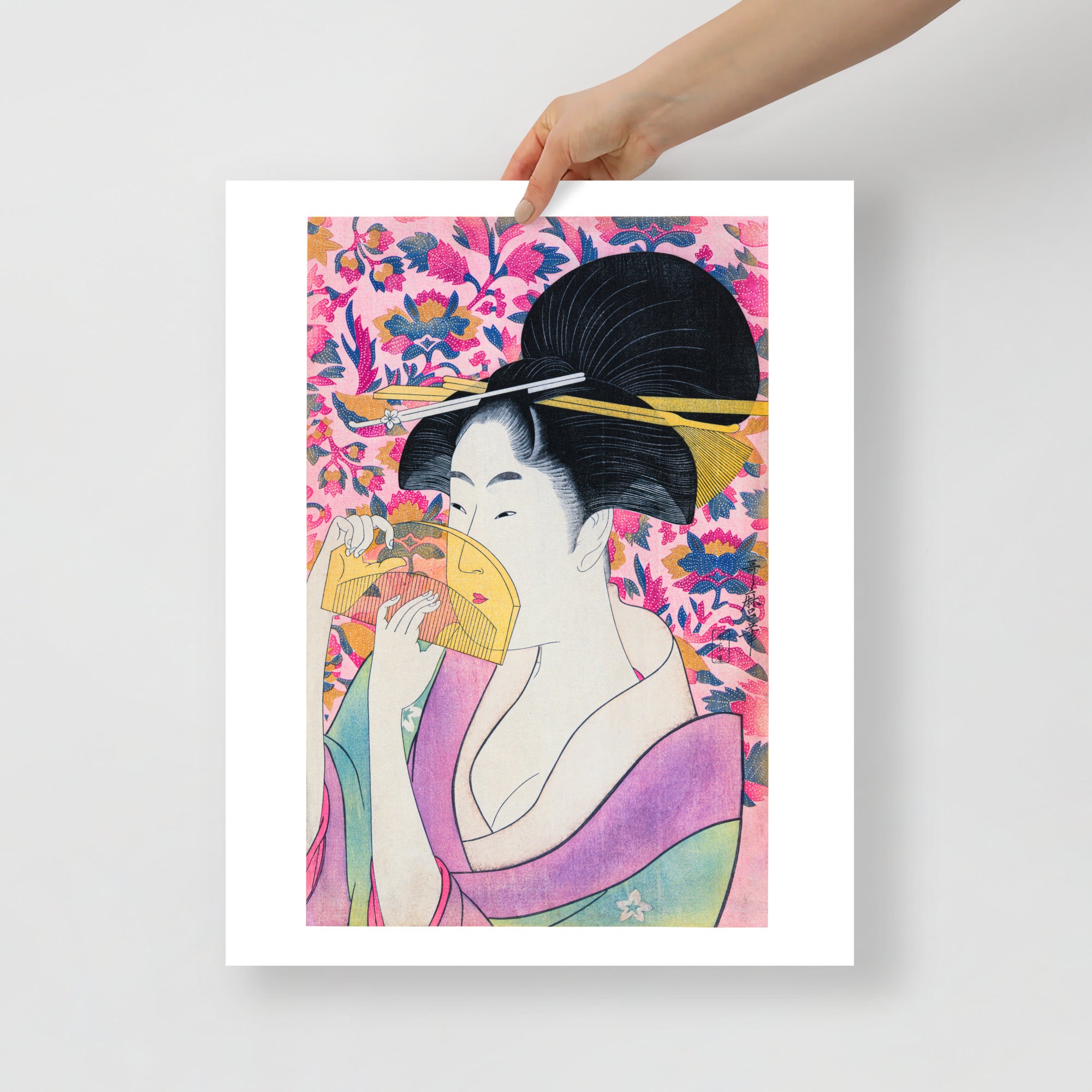 Close-up of the Kitagawa Utamaro print’s textured, brushstroke details highlighting delicate line work and signature