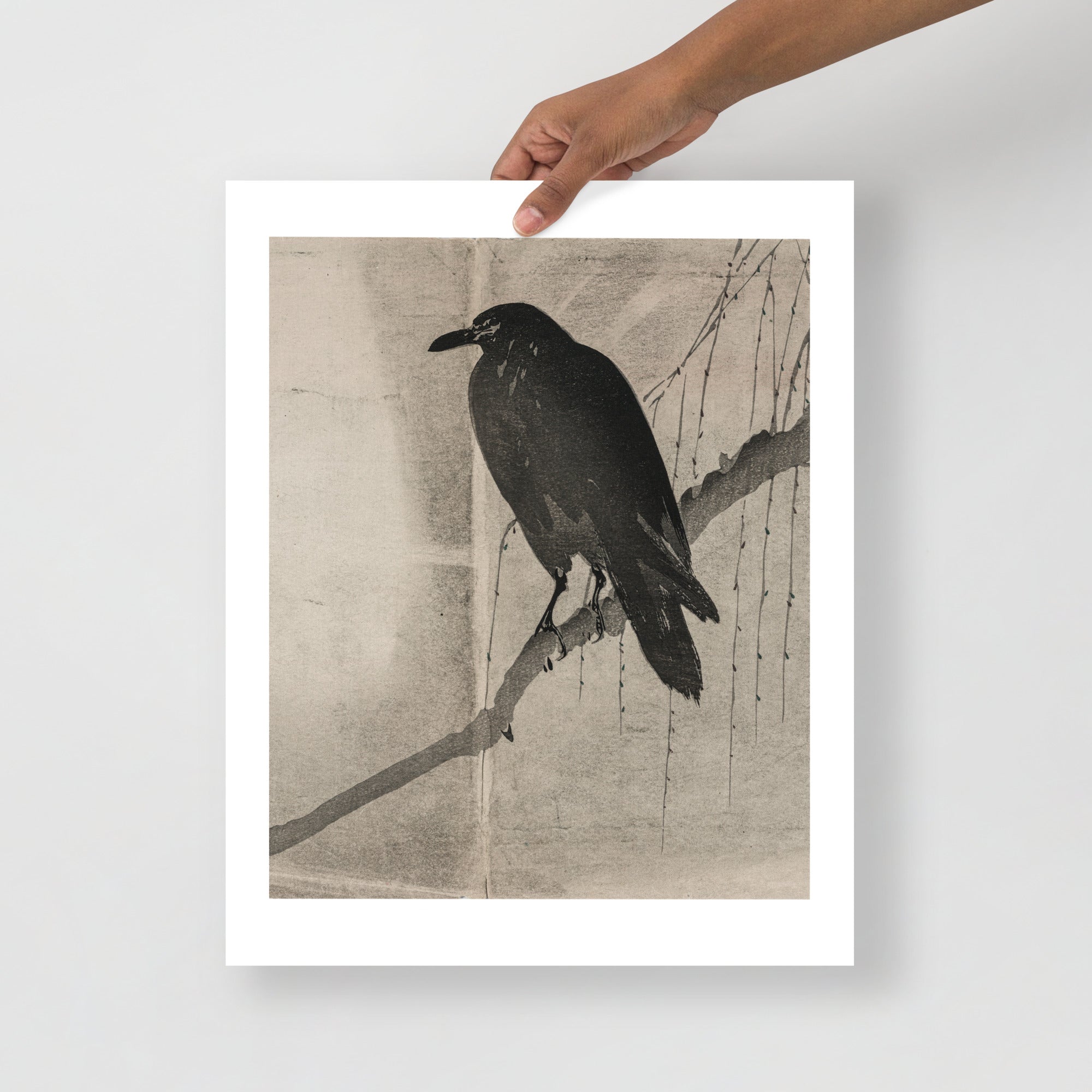 Detail of the Japanese crow's intricate feather pattern and textured print surface from circa 1860s original artwork.