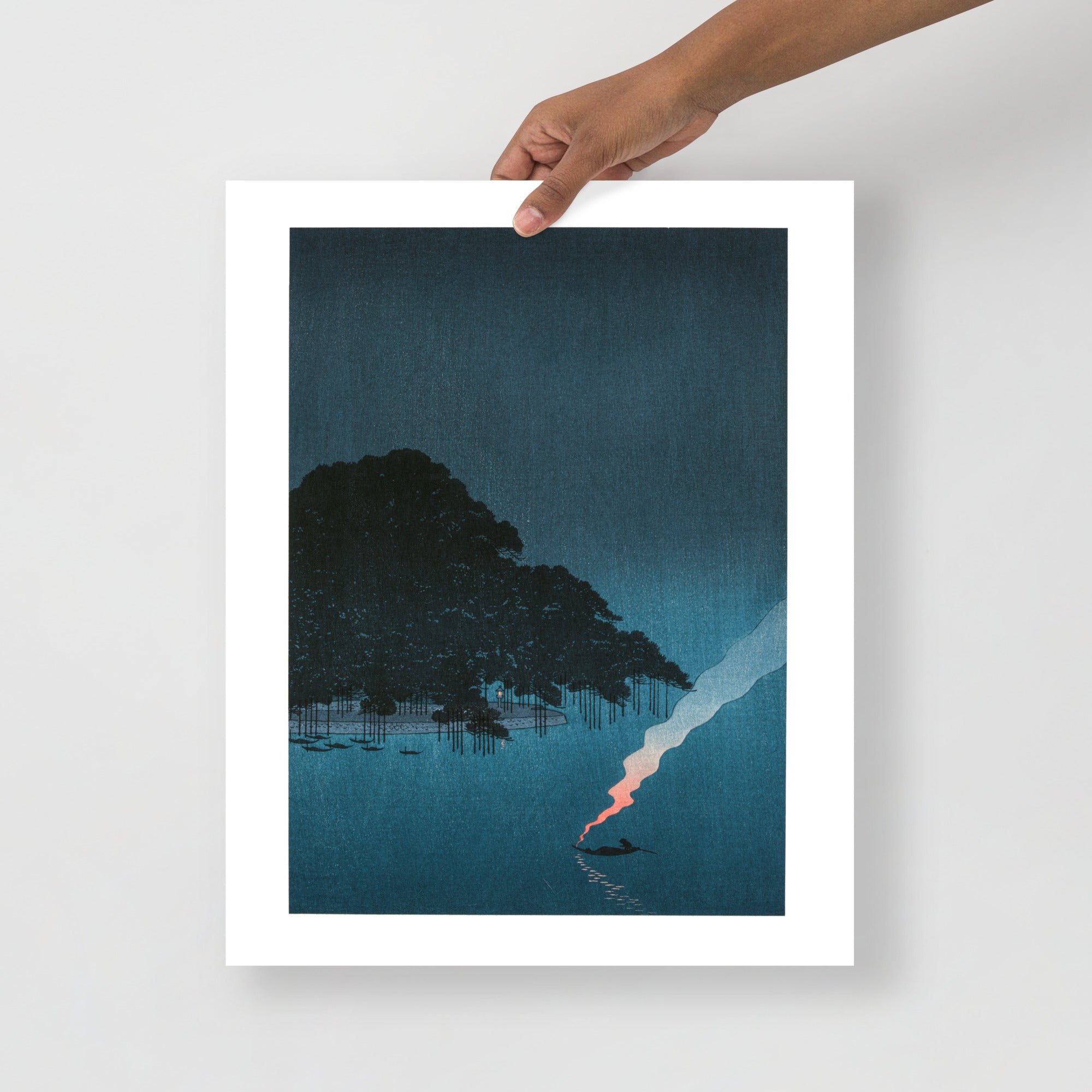 Detail shot of the intricate woodgrain texture and rich ink layering highlighting the night sky and pine trees in Pines at