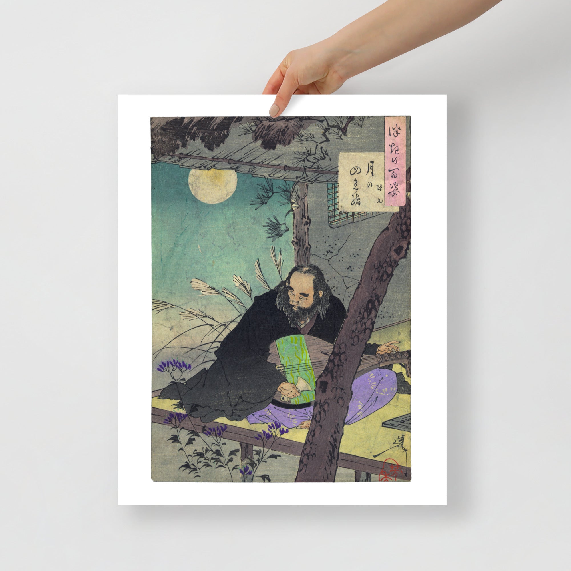 Detail view of Yoshitoshi Prince Semimaru print’s textured paper surface and subtle color gradations from a top-down angle