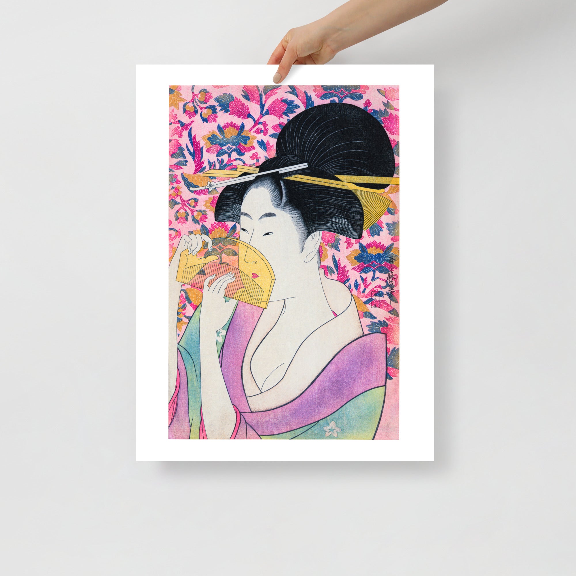 Detail of Kitagawa Utamaro print’s intricate texture and fine brushwork visible in the lower right corner, showcasing