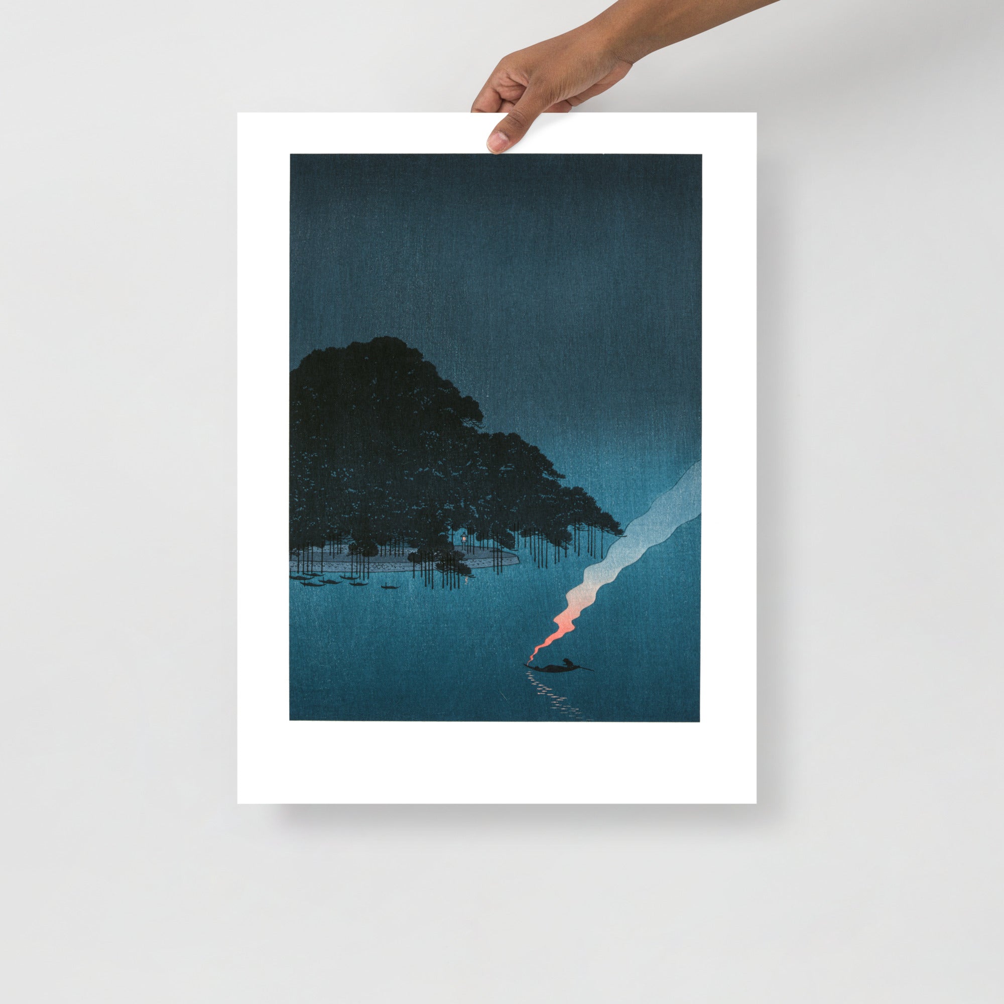 Close-up of intricate woodgrain texture highlighting the rich ink details of the Pines at Night Japanese woodblock print