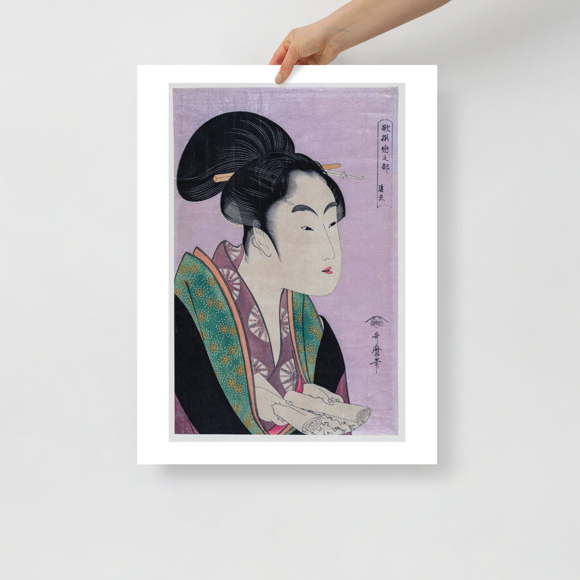 Close-up of intricate woodblock texture and fine line work highlighting Utamaro's signature style and delicate detailing.