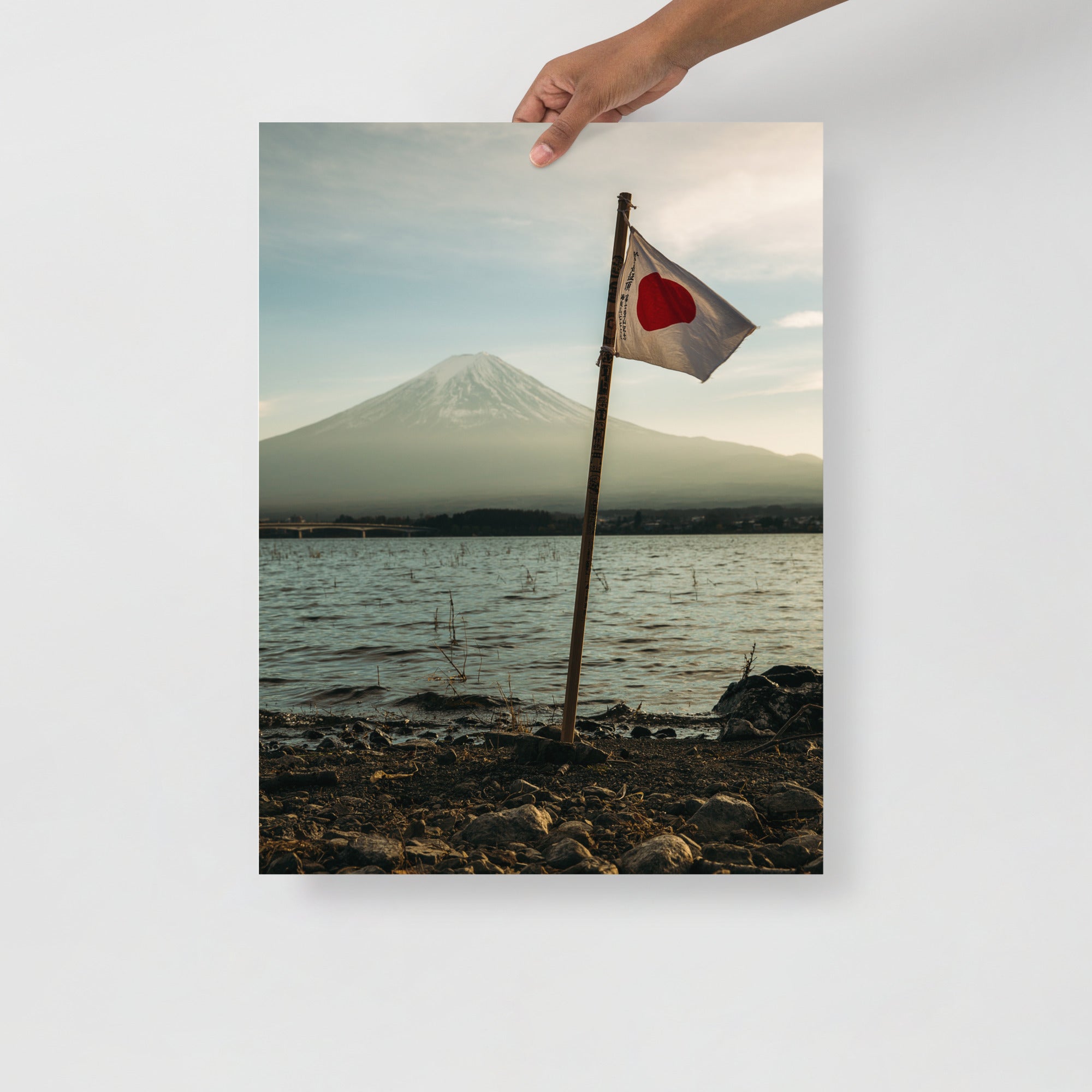 Close-up of Mount Fuji poster’s textured brushstrokes and subtle ink wash details highlighting the ukiyo-e style.