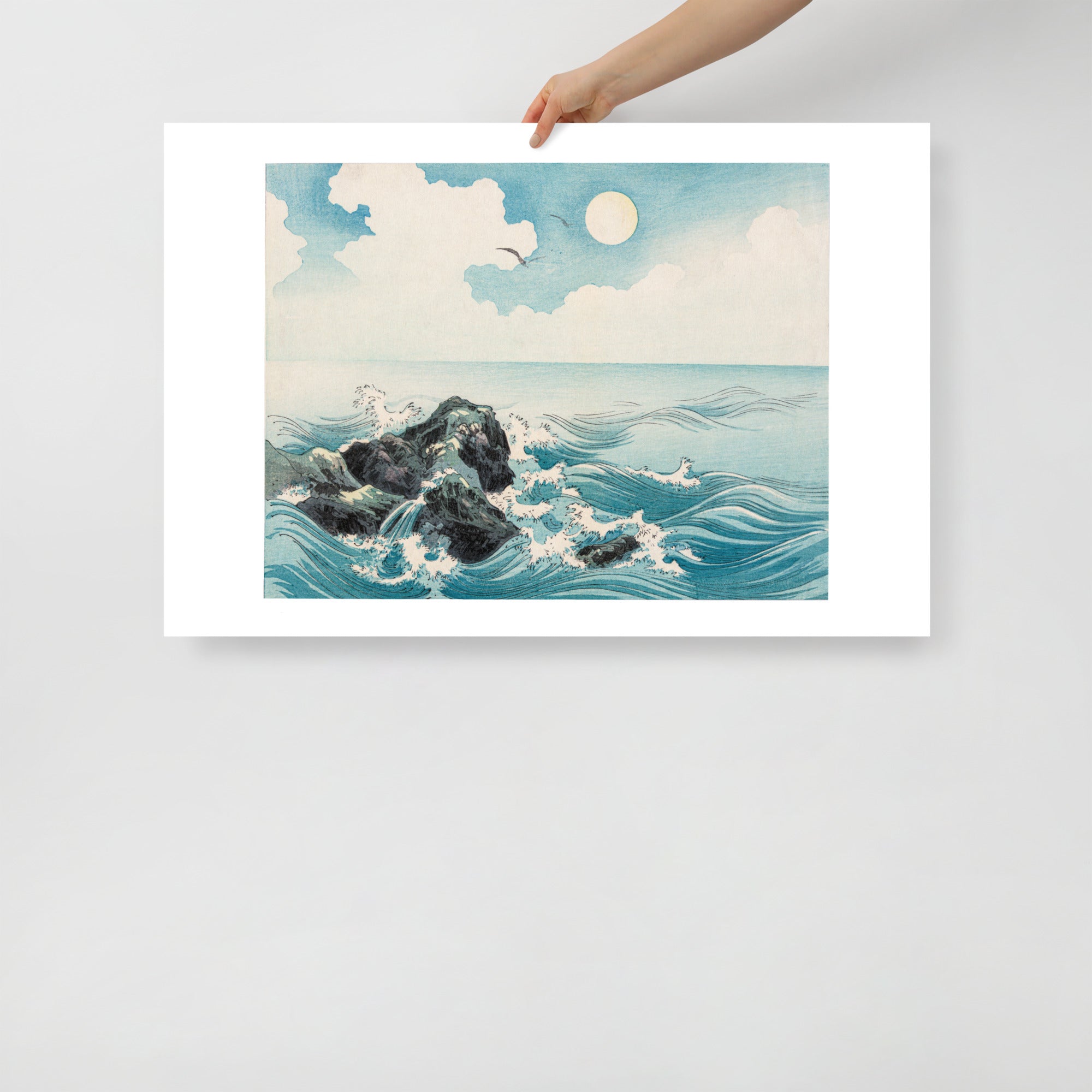 Detailed view of the intricate woodgrain texture highlighting the Japanese woodcut print's layered carving, depicting