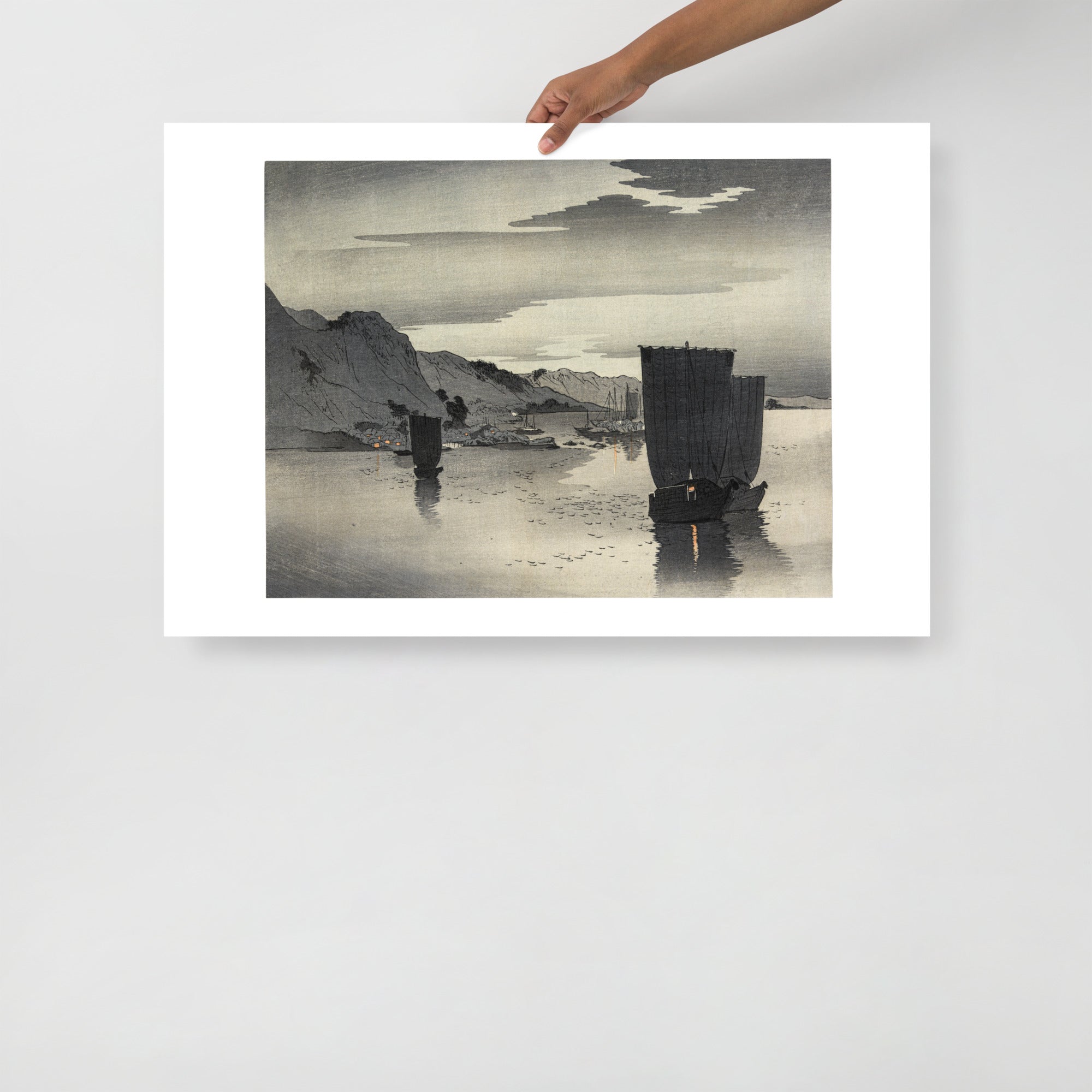 Close-up of textured woodblock grain and subtle ink shading highlighting the detailed craftsmanship of Ohara Koson’s Ships