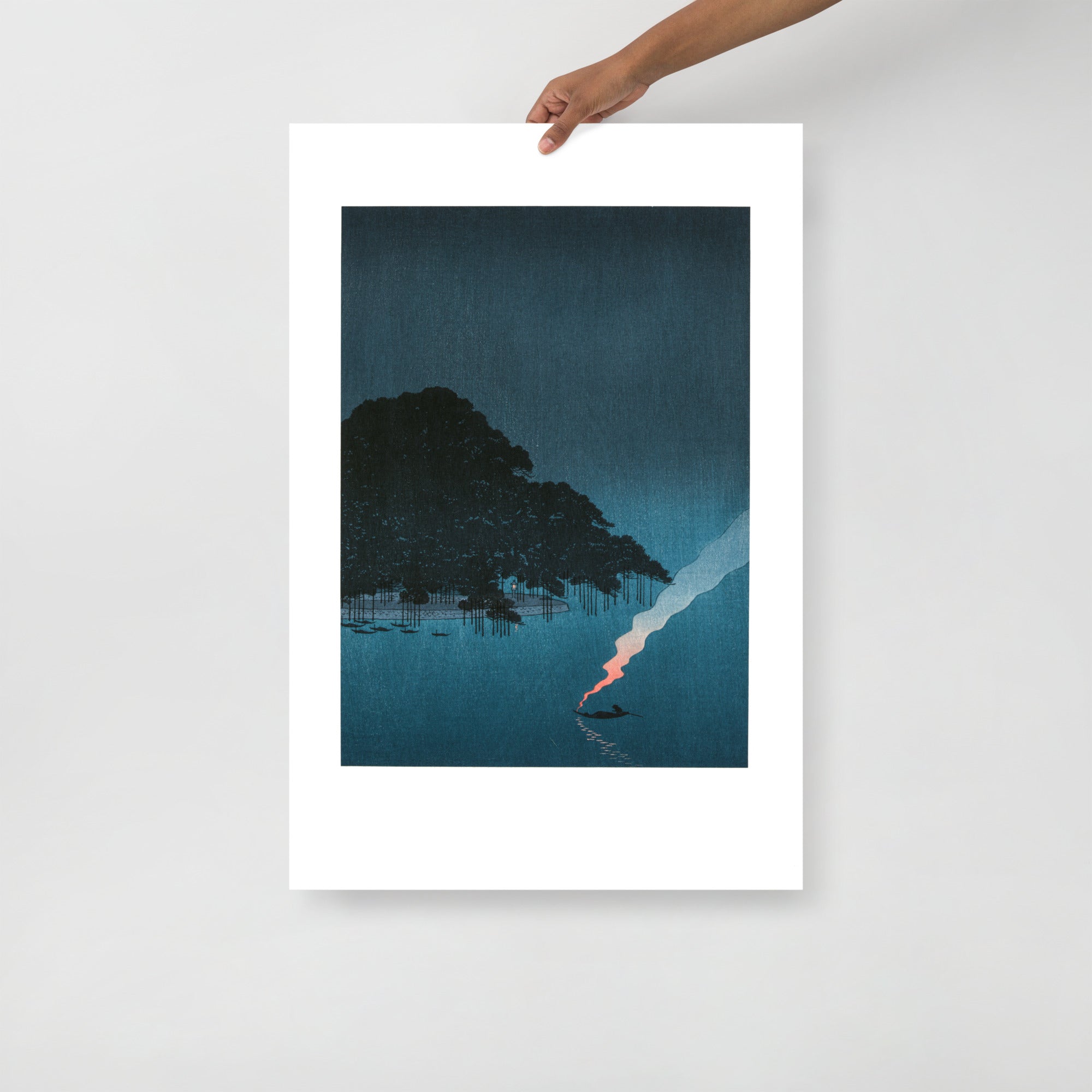 Close-up of moonlit pine branches with intricate woodgrain texture and subtle ink shading details in the print