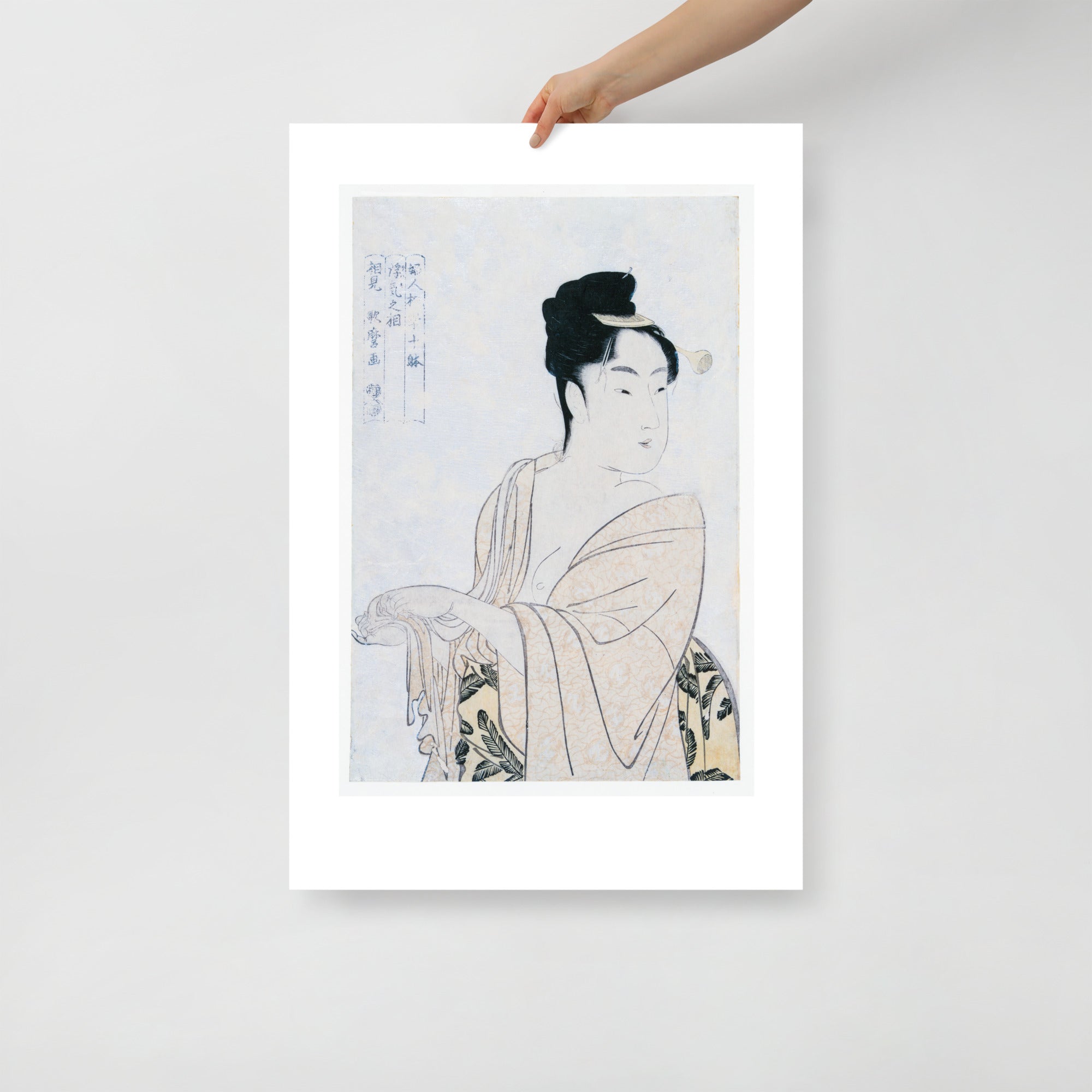 Close-up of intricate woodblock texture highlighting fine line work and delicate coloration in the print’s corner detail.