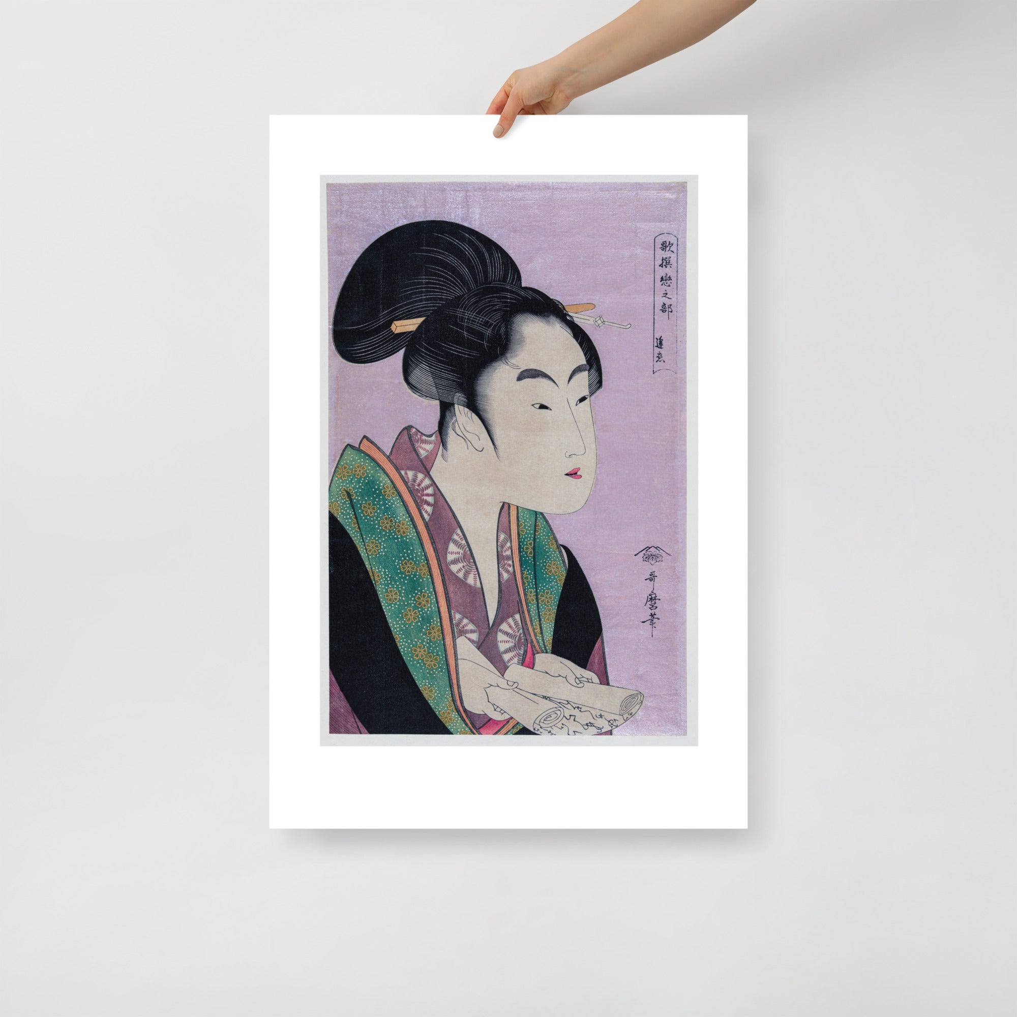 Close-up of the antique woodblock print’s textured, inked surface highlighting fine line work and subtle color variations.