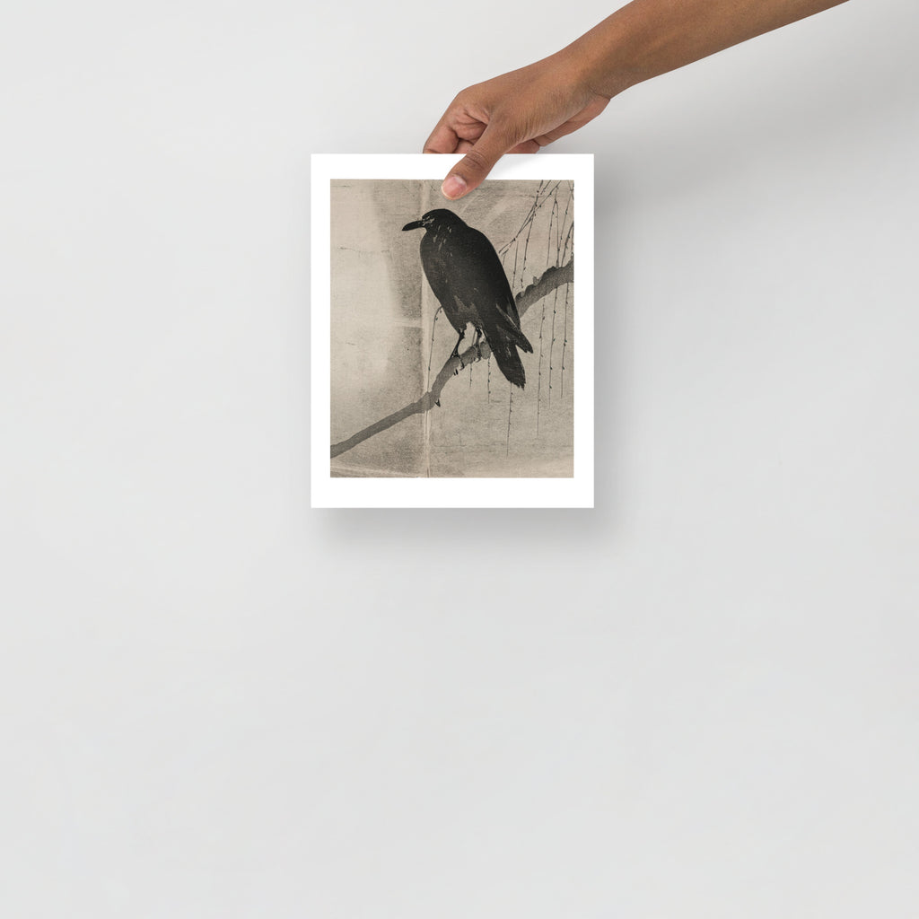 Detail of the Japanese crow print circa 1860s showing intricate woodblock texture and delicate line work from a tilted