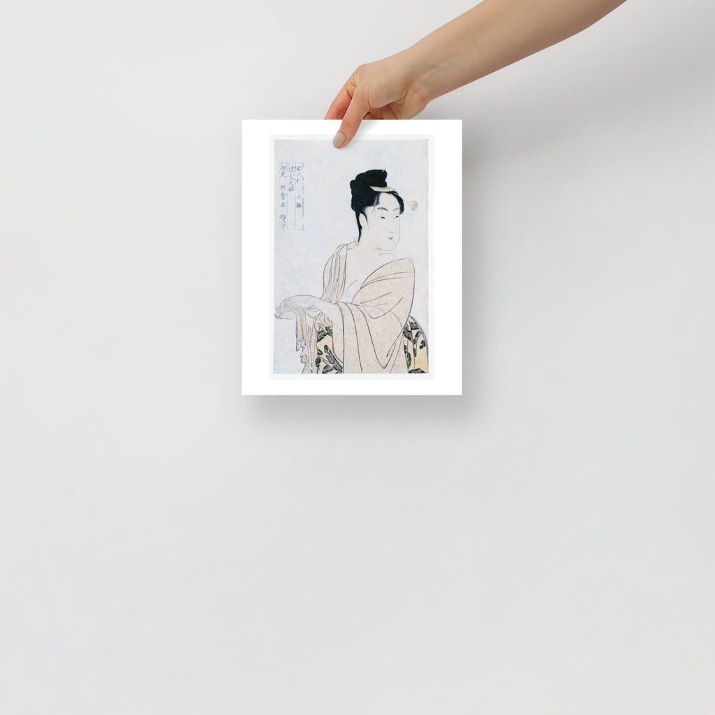 Detail of ukiyo-e print's delicate brushwork and subtle color gradation highlighting the flirtatious lover’s flowing kimono