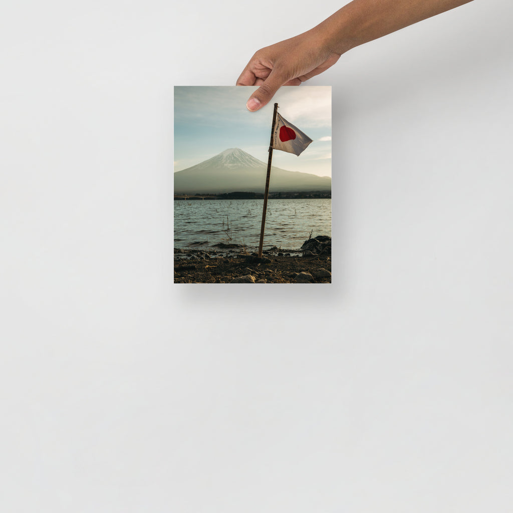 Close-up of the vintage Mount Fuji art print's textured paper, revealing intricate brushstroke details and subtle aged