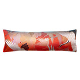 A long red silk bolster pillow with flying cranes design madef rom vintage kimono silk by Hunted and Stuffed, London.