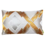 Close-up of gold embroidery detailing on the Cracked Silk Cushion’s textured metallic surface and intricate geometric