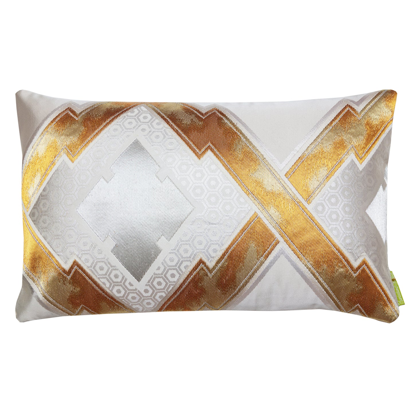 Cream silk cushion with gold embroidery made from vintage japanese obi silk