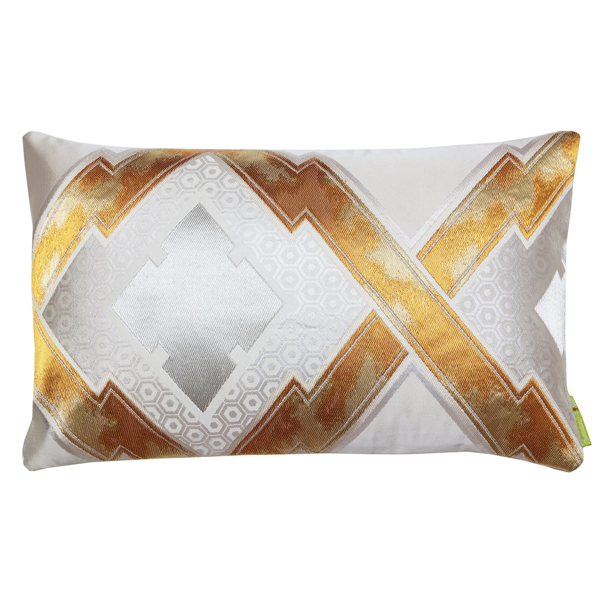 Cream silk cushion with gold embroidery made from vintage japanese obi silk