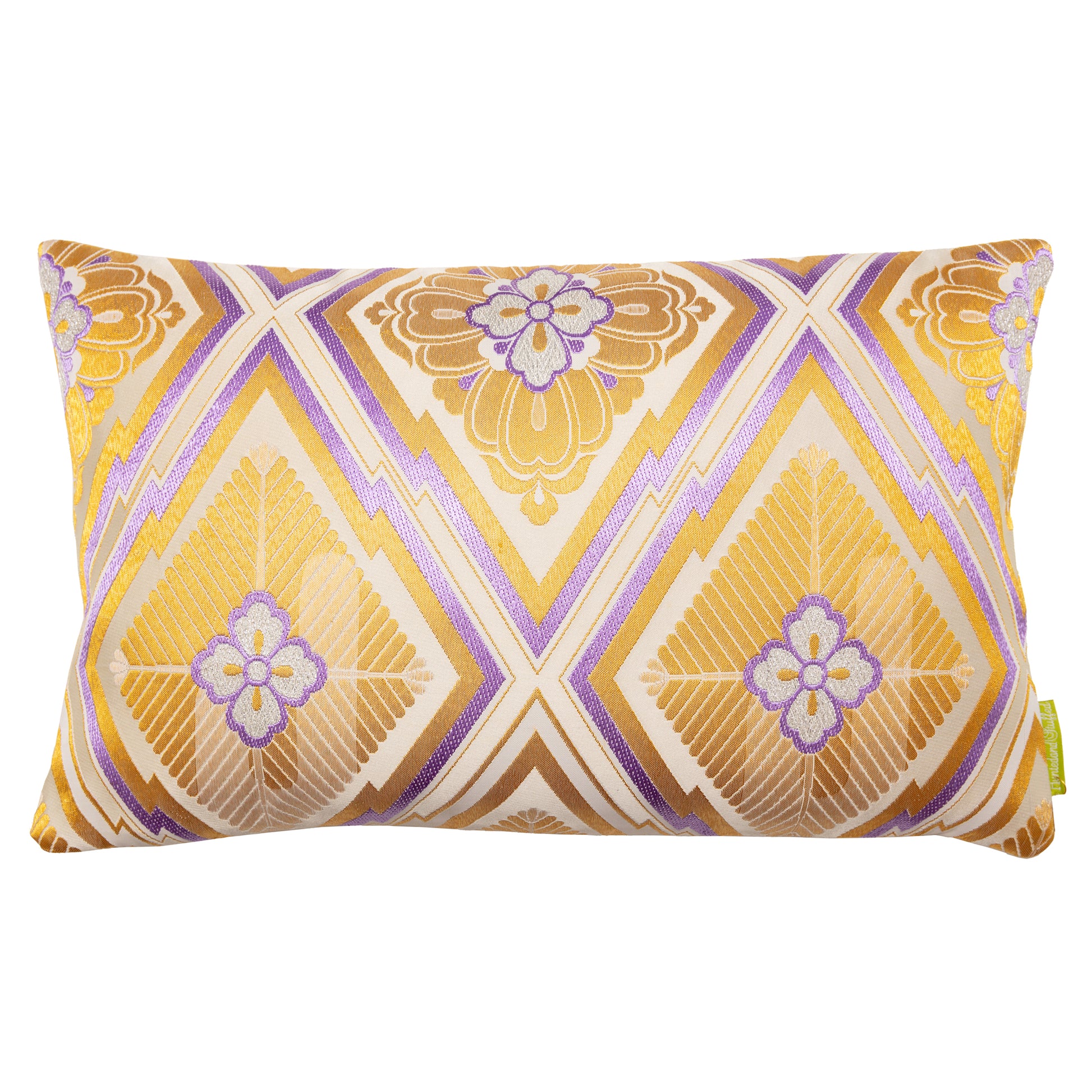 Gold and cream obi cushion, vintage kimono silk pine bark hanabishi pattern by Hunted and Stuffed, London.