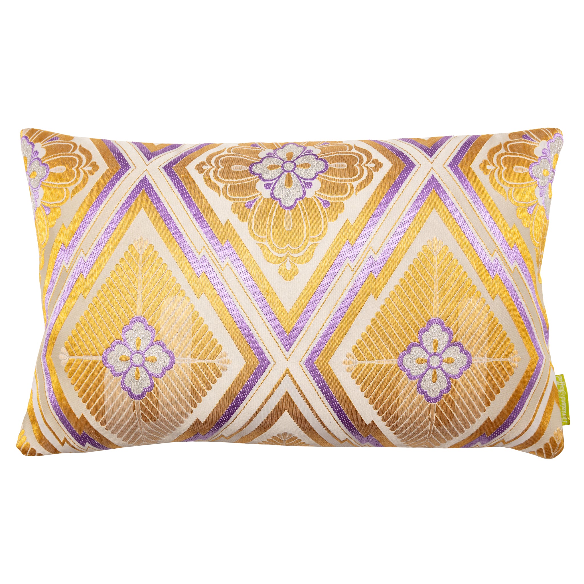 Gold silk Kimono Obi cushion featuring vintage pine bark Hanabishi design, soft textured fabric with subtle sheen, crafted