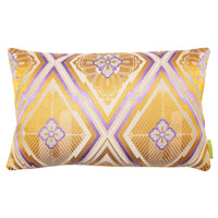 Gold and cream obi cushion, vintage kimono silk pine bark hanabishi pattern by Hunted and Stuffed, London.