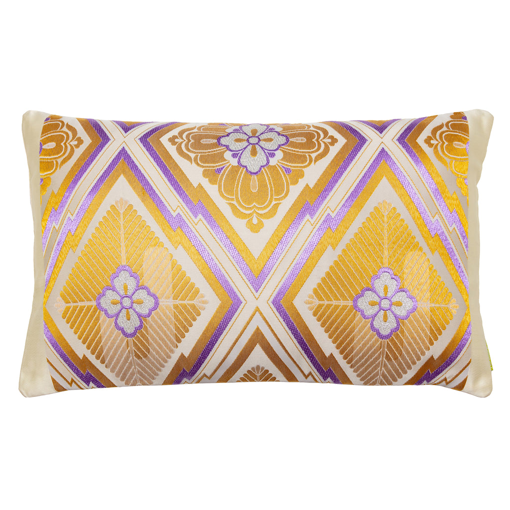 Gold diamond embroidery Obi cushion with purple accent, vintage pine bark design by Hunted and Stuffed, embroidered textile