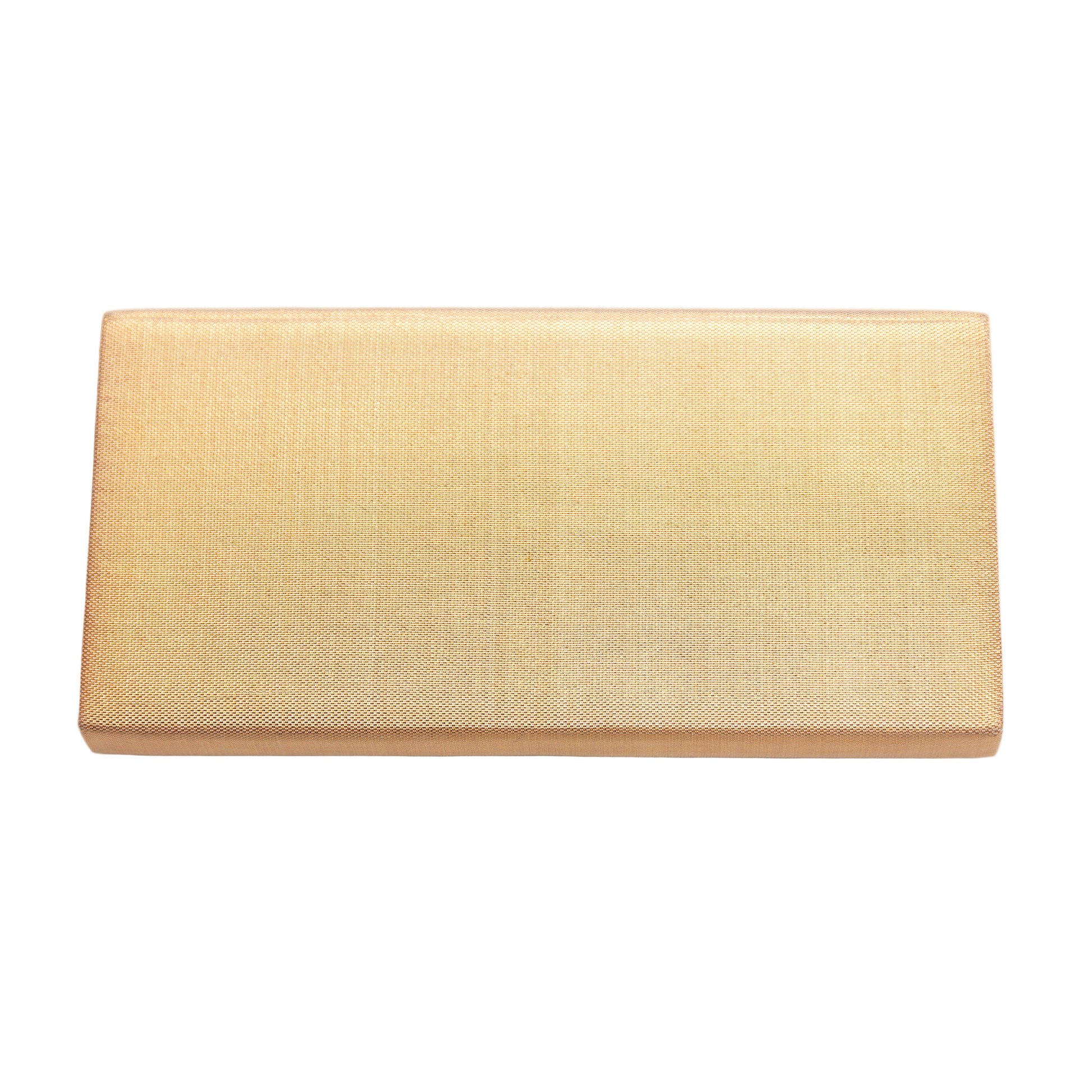 Gold clutch bag on a white background, view of the back of the clutch bag.